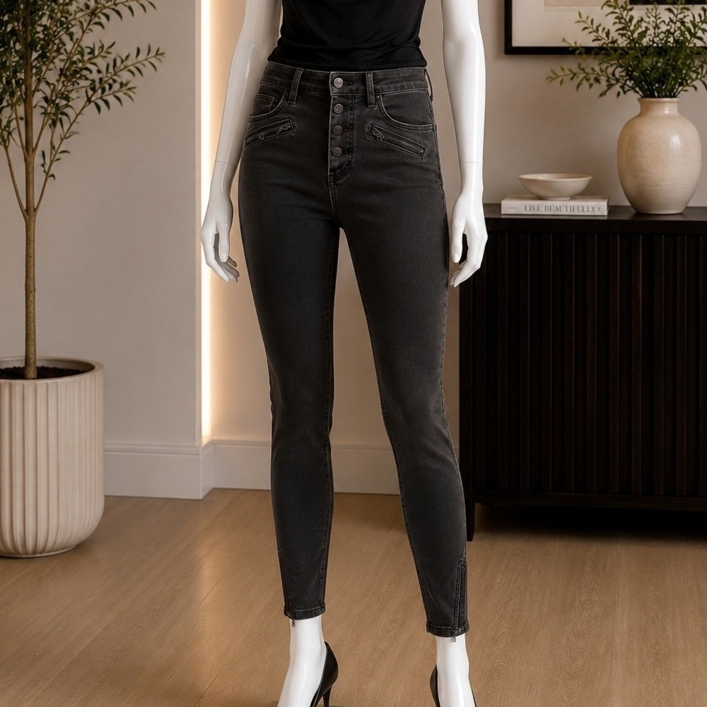 Free People Womens Skinny Jeans Moto Zipper Detail Button Fly Black 26